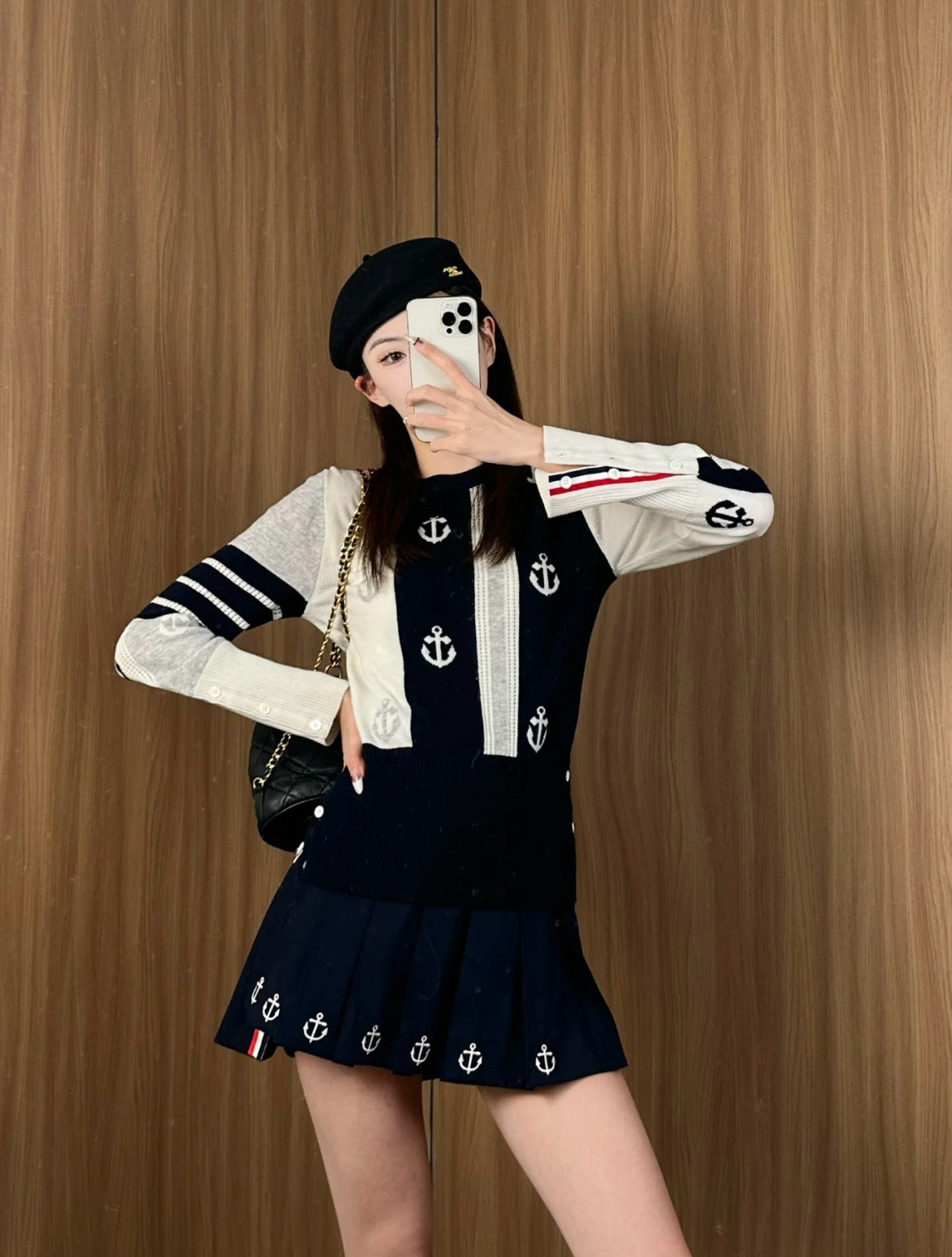 톰브라운 앵커 인타르시아 사선 브이넥 가디건